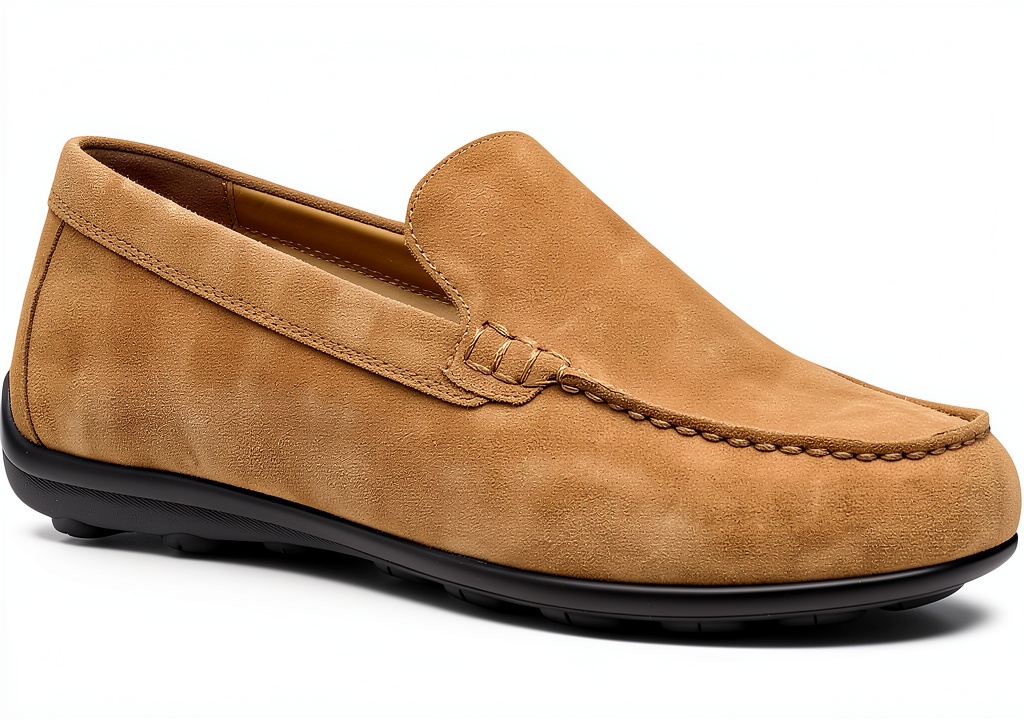 Mens slip-on loafers in Coffee color on a wooden floor