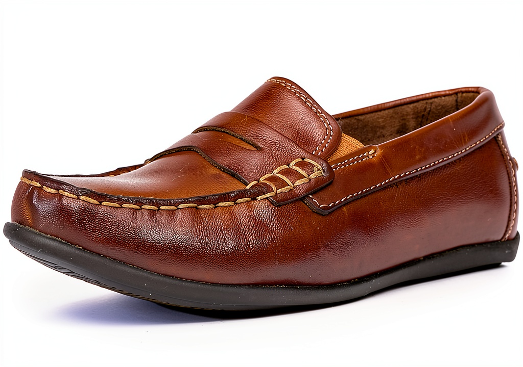 Florsheim Kids Leather Loafers Boys Penny Moc Comfort showing detail stitching and penny strap on wooden background