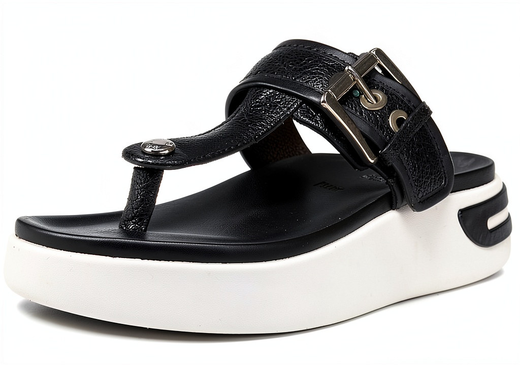 Black women's flat sandals displayed on a neutral background