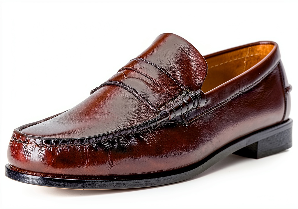 Florsheim Kids burgundy leather slip-on shoes displayed on a wooden background